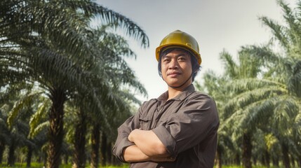 Palm oil farmer standing proudly with a backdrop of trees.