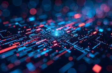 Fototapeta premium Futuristic digital circuit with glowing red and blue lights on dark background. 