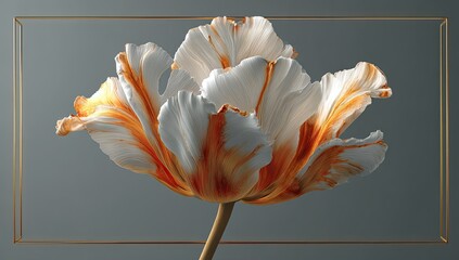 Elegant, vibrant tulip with orange-white striped petals, framed in gold