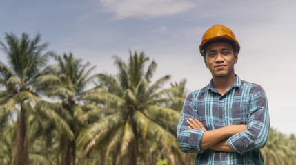 Palm oil farmer standing proudly with a backdrop of trees.