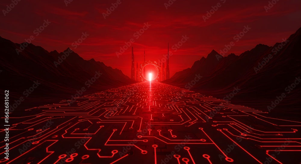 Poster red circuit board technology background with mountains and a glowing tunnel creates a futuristic lan