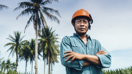 Palm oil farmer standing proudly with a backdrop of trees.