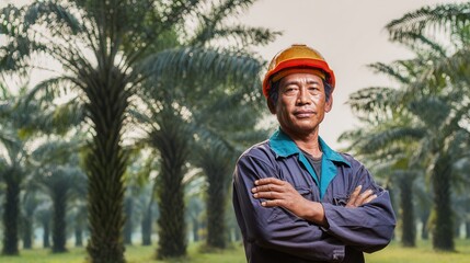 Portrait of a dedicated Indonesian palm oil worker in the sun.