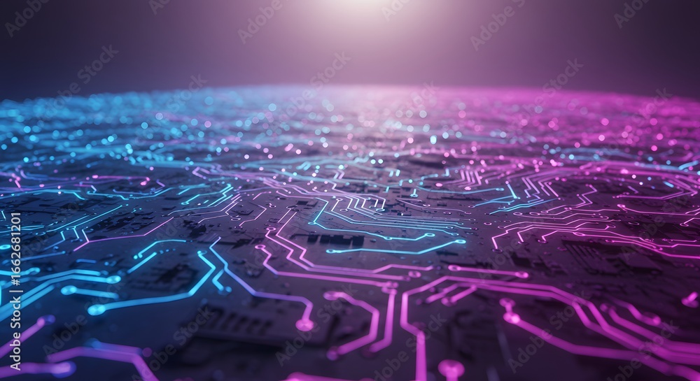 Poster close up of a futuristic circuit board with glowing lines, showcasing advanced technology and connec