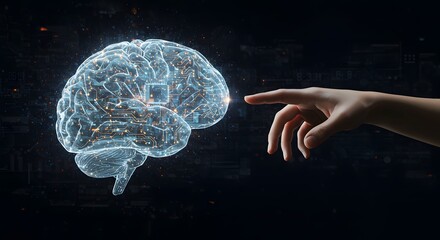 Human hand touching a digital brain hologram, representing artificial intelligence and cognitive function