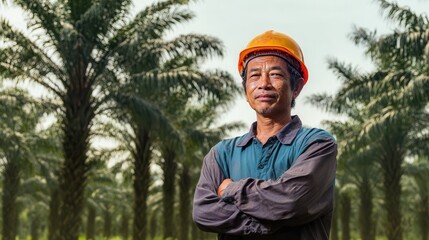 Portrait of a dedicated Indonesian palm oil worker in the sun.