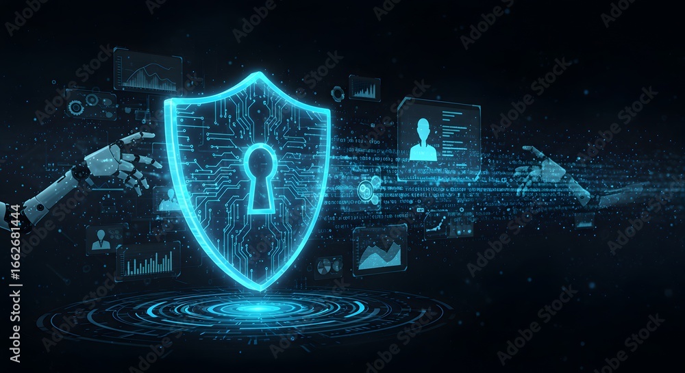 Poster futuristic cybersecurity concept featuring a glowing shield with a keyhole, symbolizing data protect