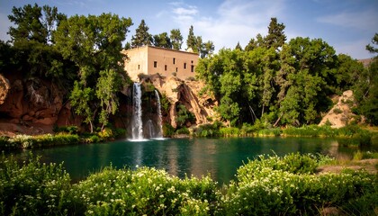 Obraz premium Tranquil waterfall and building