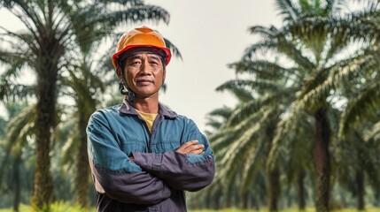 A confident Indonesian palm oil farmer with a neutral expression.