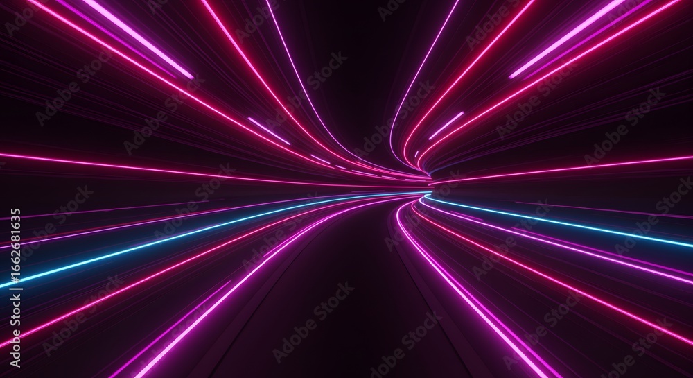 Poster abstract neon light trails creating a futuristic tunnel effect, symbolizing speed and digital connec
