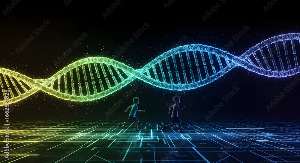 Poster futuristic dna structure with running figures representing advancement in genetic research and techn