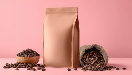Beige coffee bag with beans