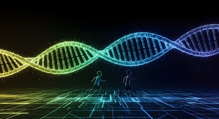 Futuristic dna structure with running figures representing advancement in genetic research and technology