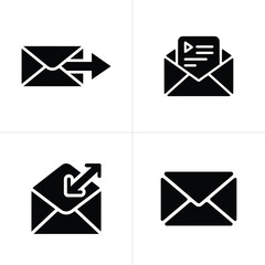 Four Black Email Envelope Icons with Sending, Receiving, and Open Mail Design