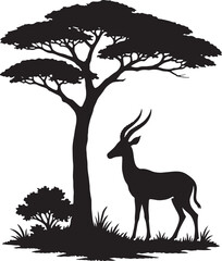 Naklejka premium African Antelope Silhouette under Acacia Tree - Savannah Wildlife Vector Illustration for Nature and Safari Designs