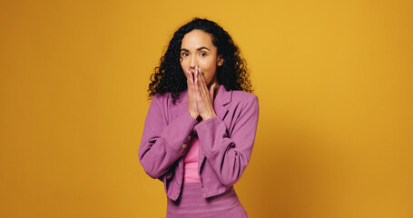 Portrait, surprise and woman in studio, omg and sales announcement on yellow background. Space,...