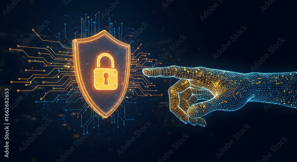 Aufkleber digital hand touching a shield with padlock represents cybersecurity and data protection concept