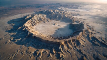 High-altitude view of a large, eroded volcanic caldera in a desert landscape