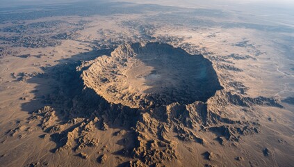 High-angle view of a large, circular impact crater in a desert landscape