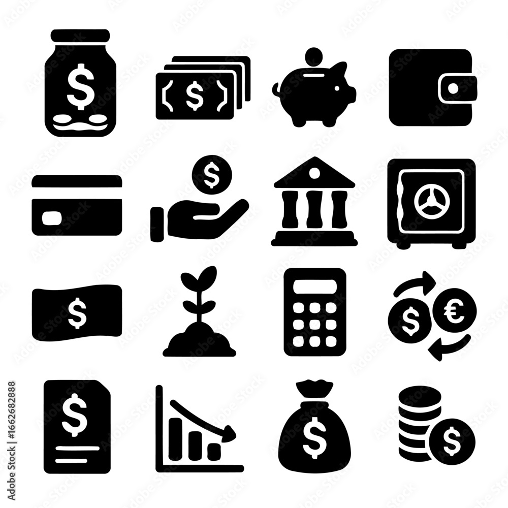 Poster financial icons array: a meticulously crafted set of monochrome icons, representing various financia