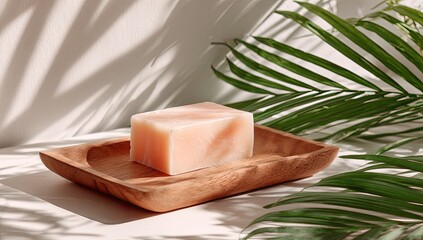 Soft pink bar soap on wooden dish, sunlit