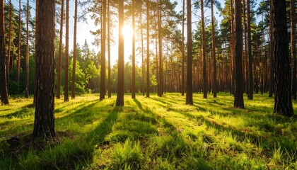 Naklejka premium Sunlight filtering through pine trees (1)