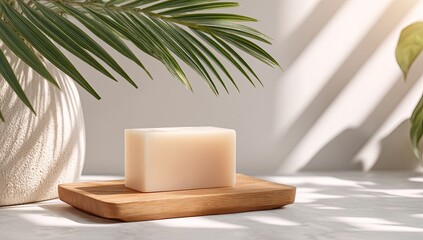 Natural soap bar on wooden tray,  sunlight and tropical leaves