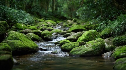 Tranquil Stream Flowing Through Lush Green Forest with Rocks