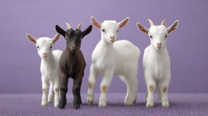 Obraz premium Playful Baby Goats Standing in a Row on Purple Background
