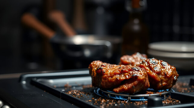Selective focus of searing beef cheeks on stove