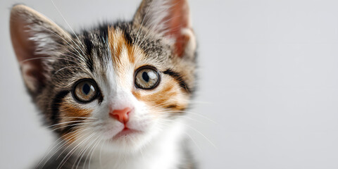 Beautiful funny Kitten. Cat on a white background. Cat posing at camera. Close up portrait of a cute Kitten. Web banner with copy space. Pet. Empty space for text.