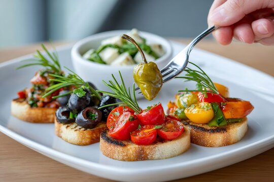 Chef adding pepper to bruschetta with tomatoes, olives and feta cheese on white plate