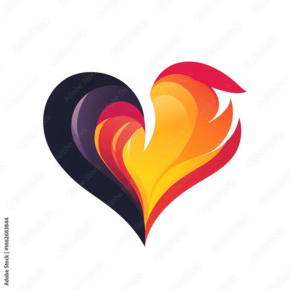 Poster abstract heart design with flame and dark gradient on a white background