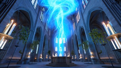 Futuristic church interior with a powerful electric lightning creating a mystical atmosphere inside