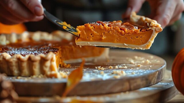 A slice of pumpkin pie is lifted from the rest of the pie by a spatula