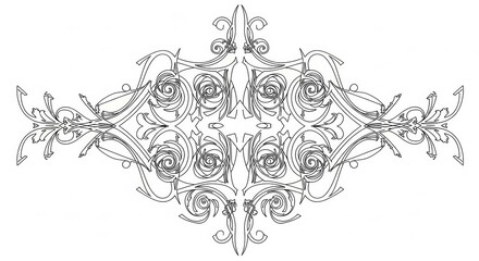 Intricate ornate symmetrical black and white decorative border design element with floral and scrollwork motifs for elegant embellishment