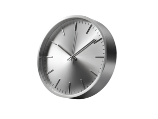Angled perspective silver 3D modern clock icon isolated on transparent background PNG