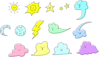 Playful Sky Elements – Sun, Moon, Stars, Clouds & Lightning | Cute Cartoon Vector Pattern for Kids