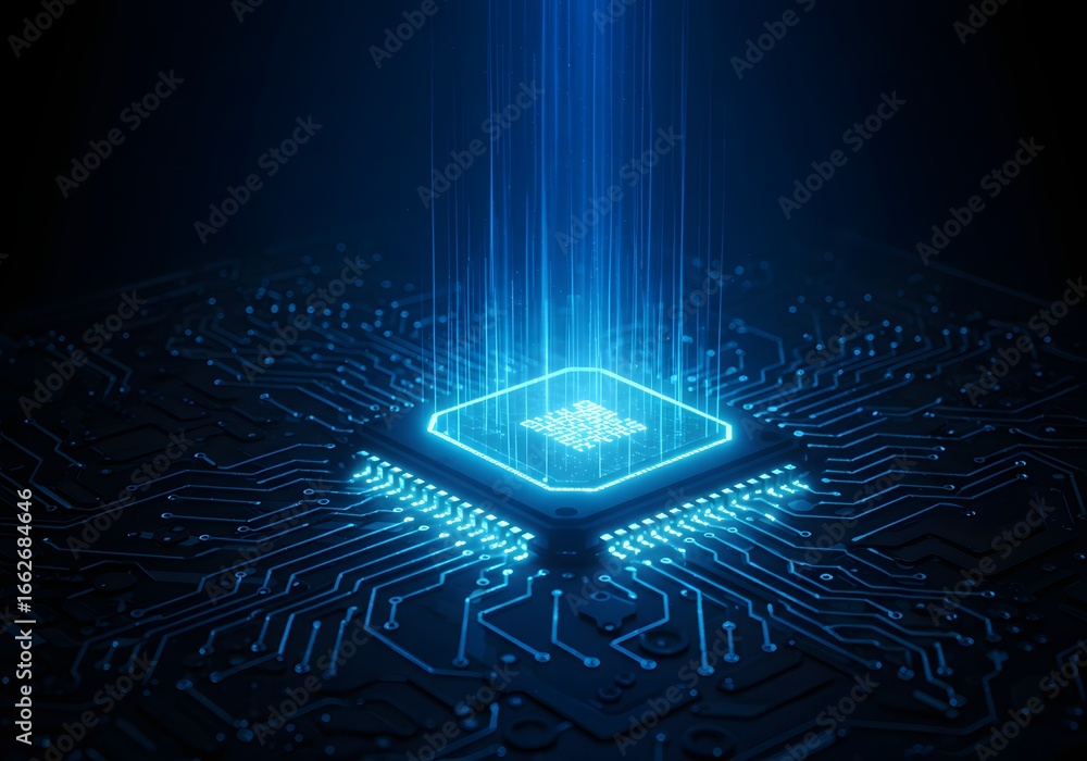 Poster close up of a glowing blue cpu microchip on a circuit board for computer technology