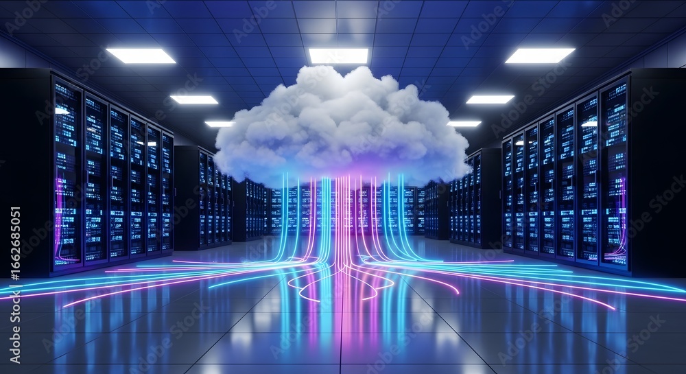 Poster a cloud hovers over a server room, symbolizing cloud computing and data storage technology