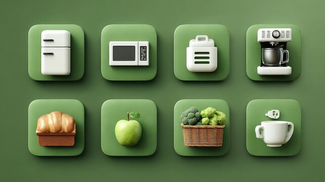 Fresh start to a healthy day with modern kitchen appliances and vibrant food icons, creating a clean and inspiring culinary journey on a green backdrop