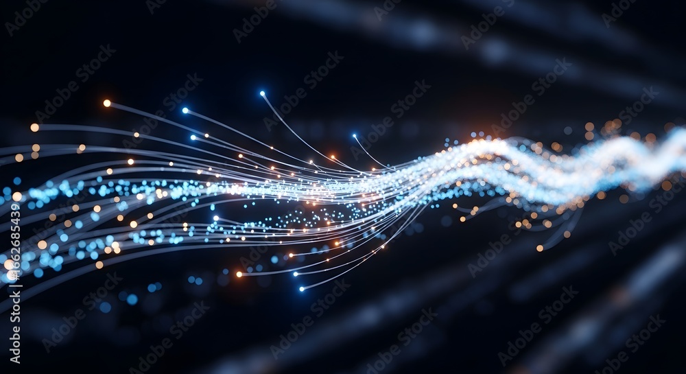 Poster abstract fiber optic data stream background with glowing lights, representing highspeed internet con