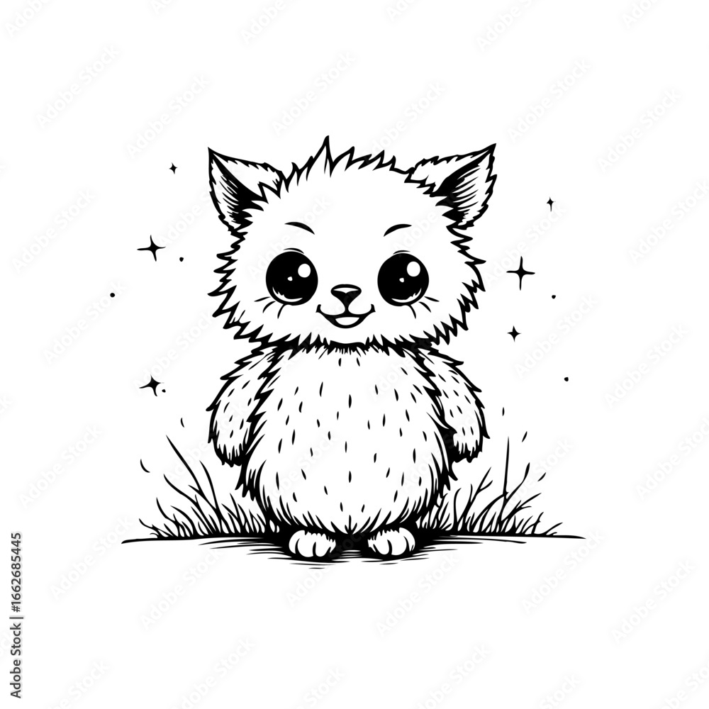 Poster a whimsical animal character standing in a field of grass drawn with expressive linework capturing