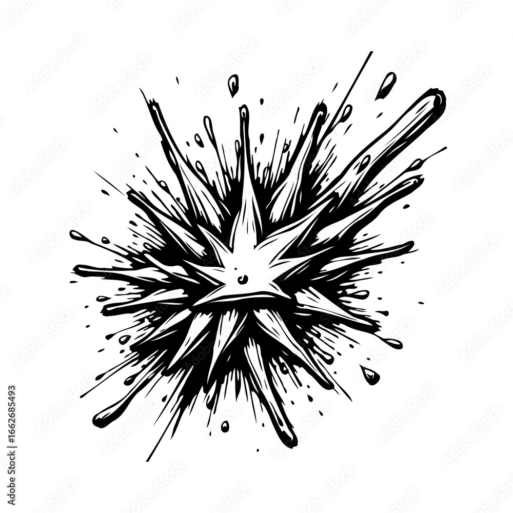 Poster abstract black and white bursting star design element featuring splatter explosion with jagged