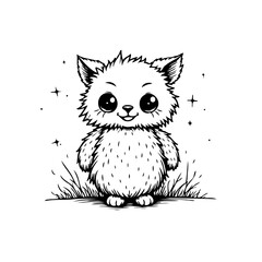 A whimsical animal character standing in a field of grass drawn with expressive linework capturing