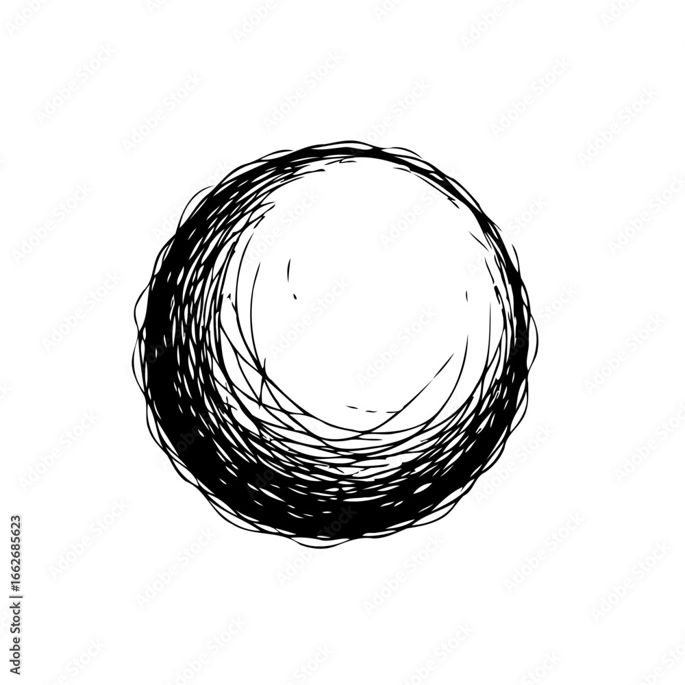 Poster abstract swirling sphere drawing in black ink capturing movement and depth on a white surface with