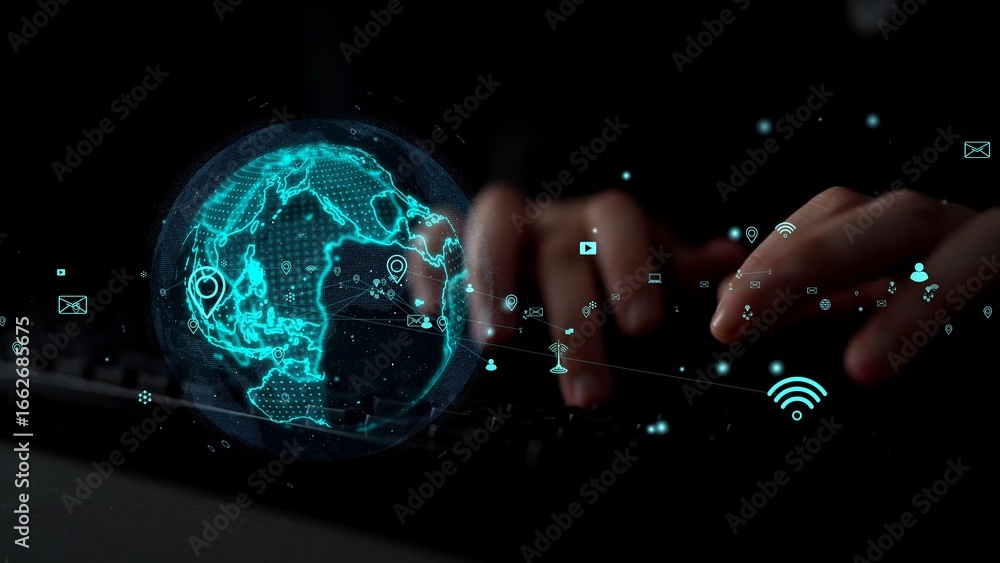 Poster a captivating image showcasing a digital globe surrounded by icons, illustrating global connectivity