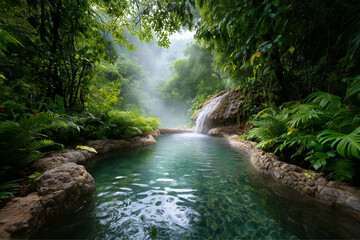 Serene tropical forest pool with waterfall background