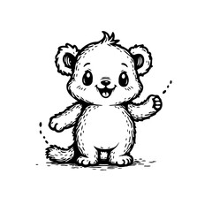 Adorable bear cub character waving hello in whimsical line art style illustration sketch