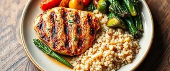Grilled chicken breast, roasted vegetables, quinoa on a plate,  appetizing,  food photography